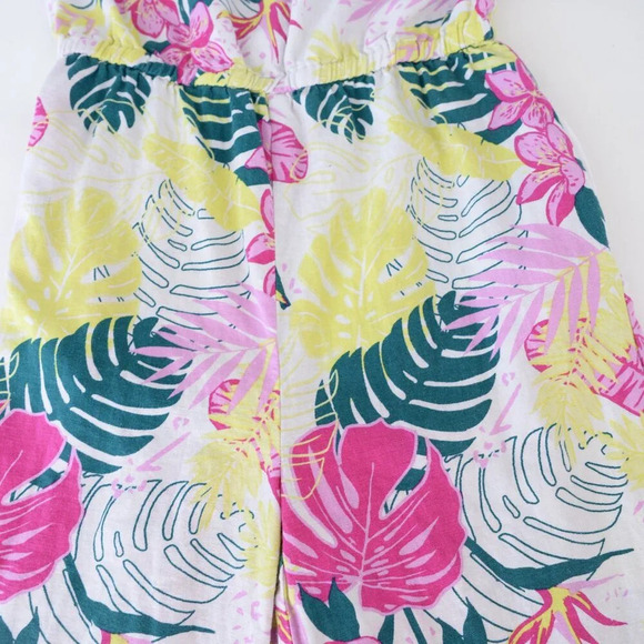 Nicole Miller White Pink Palm Leaf Print 55% Linen Wide Leg Romper M - Picture 9 of 11